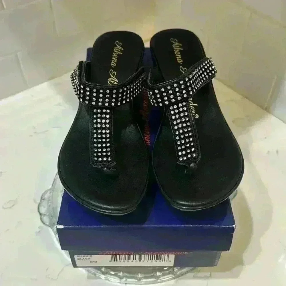 Athena Alexander Black Thong New Sandals with Rhinestones with BOX Size 7